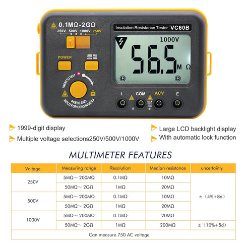 VC60B Digital Insulation Resistance Tester, Electrical Megaohm Meter with 250V/500V/1000V Test Voltage