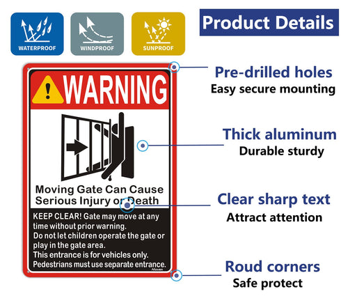 Moving Gate Sign, Can Cause Serious Injury or Death, 10"x 7" Warning Sign, 2 Pack