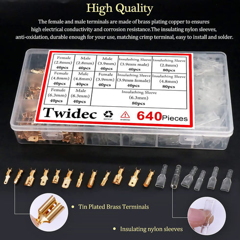 Twidec 640Pcs Quick Splice Male and Female Wire Spade Connector Crimp Terminal & Bullet Connectors Terminals Crimp