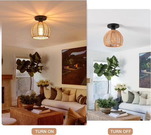 KENMI Hand-Woven Rattan Flush Mount Ceiling Light,Farmhouse Light Fixtures Ceiling Mount Boho for Hallway Bedroom