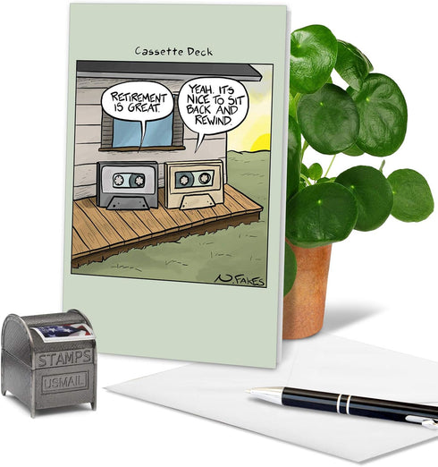 NobleWorks Funny Retirement Card with Envelope, Colorful Congrats Greeting - Cassette Decks C6971RTG-US