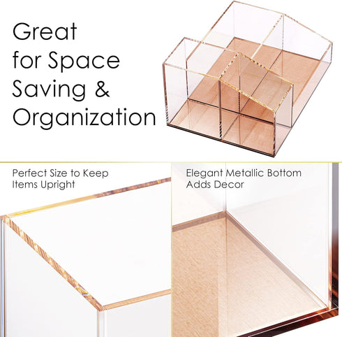 Clear Acrylic Makeup Brush Organizer with Metallic Rose Gold Base, 4 Compartment Office Organizers for Desk and