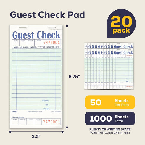 1000 (20 FMP Brands Guest Check Books for Servers, Server Note Pads Paper, Total Sheets Pads), Light Green with Guest