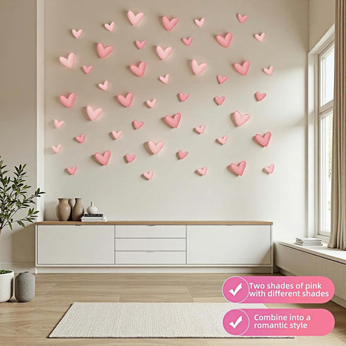 BUBBLE-FLY 60 Pcs Pink Heart Wall Decals, Repositionable PVC Wall Decals for Girls Room, Nursery, Bedroom, Living Room