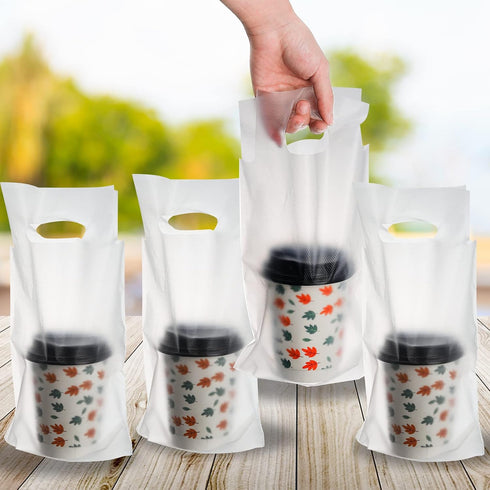 500 Pack Packaging 6"L 11"H DEAYOU Handle Drinking Poly Bags, Clear Cup Carrier with Handle, Plastic Drink Bags Cup
