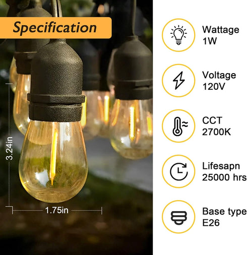 Jslinter S14 LED Bulbs, 25-Pack, 1W Energy-Efficient Outdoor String Lights, 2700K Warm White, Durable & Waterproof, E26 Base, Edison Vintage Ambiance, Ideal for Patio, Garden, and Party Lighting by Jslinter