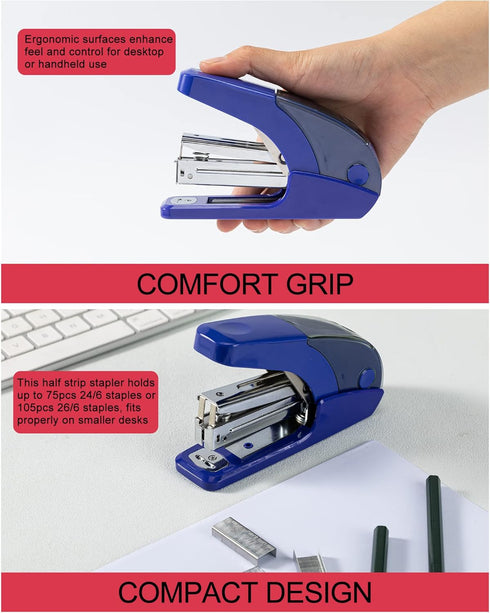 Effortless Standard Stapler Set, Dark Blue, 20 Sheet Capacity, Half Strip, Built-in Staples Storage, 1000 Staples