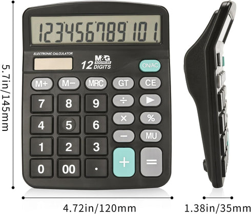 M&G 12 Digit Desk Calculator with Large LCD Display, Dual Solar Power and Battery, Big Button for Office (Black)