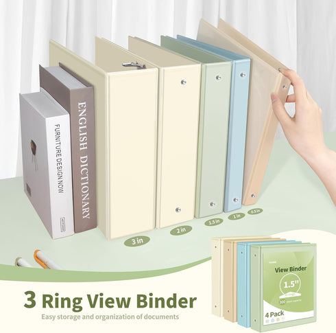 SUNEE 3 Ring Binder 1.5 Inch Clear 1 1/2 Inch View Binder 4 Pack PVC-Free for School or Office Supplies, Neutral
