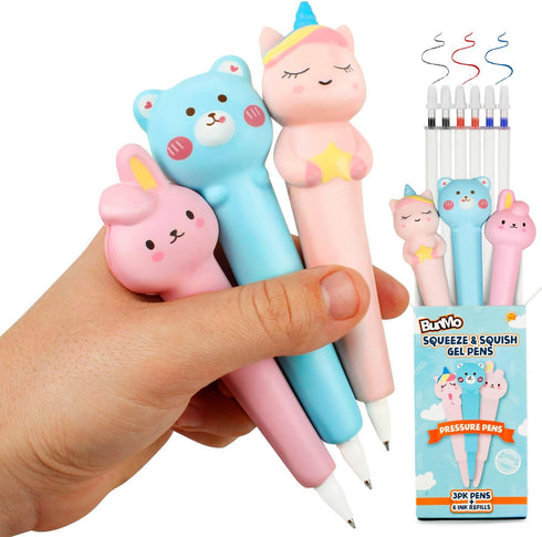 BUNMO Cute Pens - Squishy Fun Pens with Soft Grip & 6 Colorful Refills - Gifts for Tweens (3 Pack)