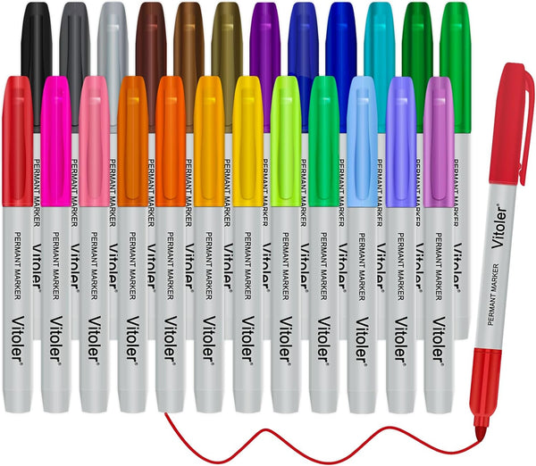 Vitoler Colored Permanent Markers, 24 Assorted Fine Point Marker Pens for Marking, Coloring, Doodling