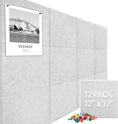 Large Felt Wall Tiles Cork Board, 47"x35", 12 Pack with 48 Adhesive Tabs, 60 Push Pins, Light Grey Alternative for Home
