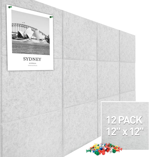 Large Felt Wall Tiles Cork Board, 47"x35", 12 Pack with 48 Adhesive Tabs, 60 Push Pins, Light Grey Alternative for Home