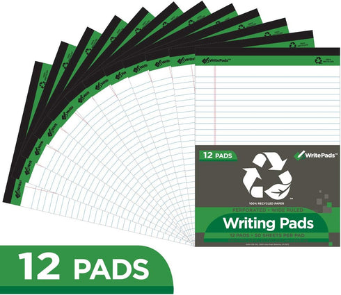 KAISA Legal Pads Writing Pads, Recycled Paper, 8.5"x11.75" Wide Ruled, 50 Sheets, Pack of 12 Pads, KSU-5293