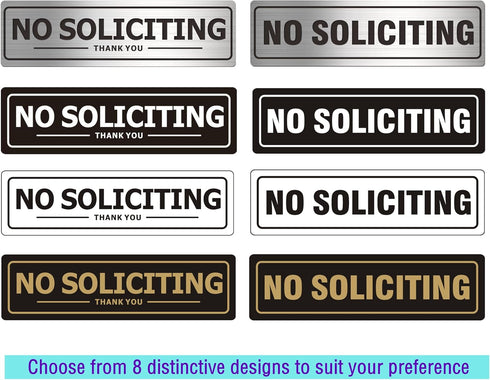No Soliciting Sign, Self Adhesive Aluminum Sign, 2" x 7" White with Black Letters for House Business, 2 Pack