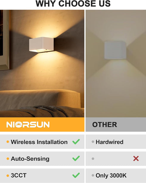 5000mAh 3CCT Dimmable NIORSUN Motion Sensor Wall Light, Battery Operated Wall Sconce with Remote, Rechargeable Wall