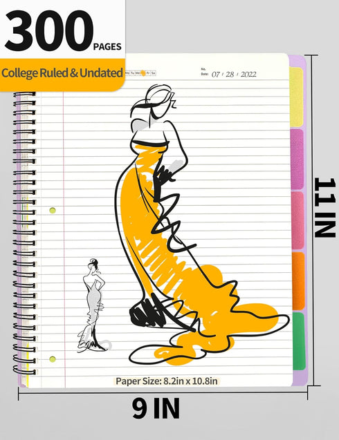 SUNEE 5 Subject Notebook College Ruled - 300 Pages, 8.2"x10.8", 5 Pocket Colored Dividers, 3-Hole Punched Paper
