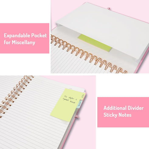 Forvencer A5 Lined Spiral Journal Notebook, 300 Numbered Pages, 100GSM Paper, Pink Hardcover for Work School