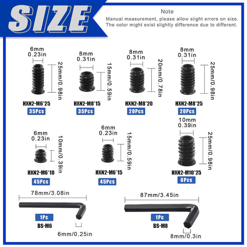 Glarks 208Pcs M6 M8 M10 Threaded Inserts Nuts Zinc Plated Carbon Steel Hex Socket Drive Furniture Flanged Screw-in Nut with M6 M8 Hex Wrench for Wood Furniture Screw