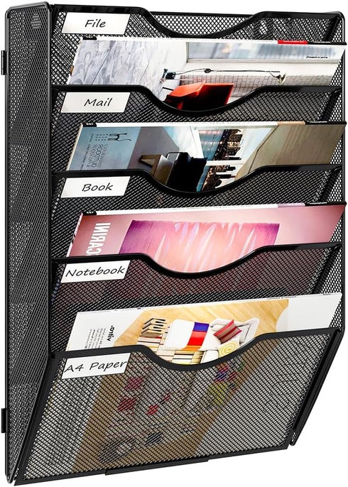 PAG 5 Tier Hanging Wall File Holder, Mesh Office Organizer for Papers/Folders/Files, Black
