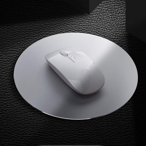 Metal Aluminum Mouse Pad, Round Thin Hard Mouse Mat with Leather Surface, Silver and Black for Precision Control