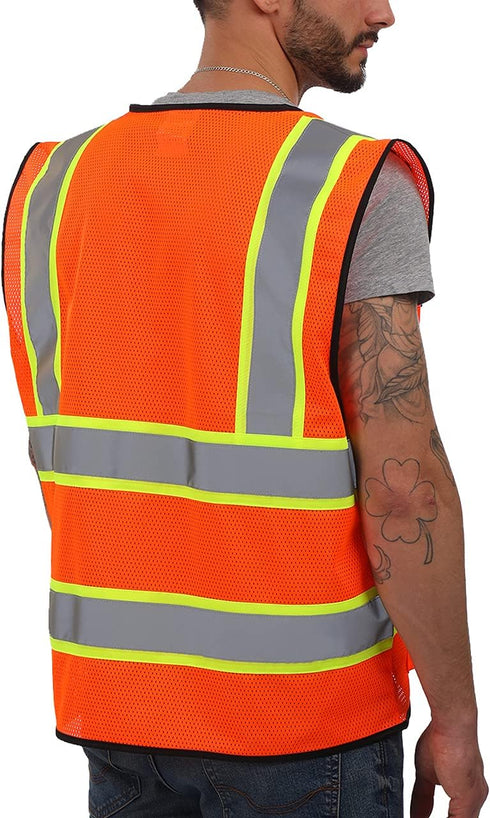 Reflective Mesh Vest High Visibility Two Tone with Pockets and Zipper, ANSI Class 2 Compliant, Orange Mesh with Yellow Trim S