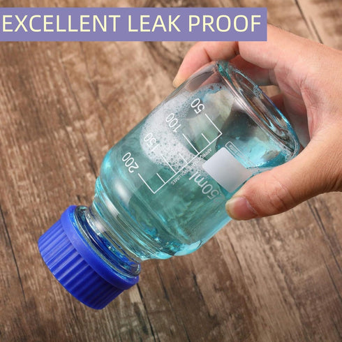 250ml Reagent Media Bottle, Graduated Glass Round Storage Bottle with Blue GL45 Screw Cap, Clear