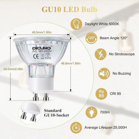 DiCUNO GU10 LED Light Bulbs, 6W 60W Halogen Replacement, Bright Daylight White 5000K, 700LM, 120 Degree Beam Angle,