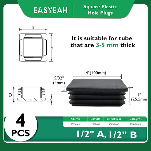 4" (100mm) 4 EASYEAH Plastic Hole Plugs Black-Square Chair Leg Caps & Pipe Plugs, Tubing End Caps for Metal and Wood