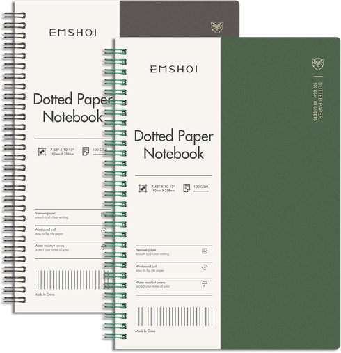 EMSHOI Dotted Journal Spiral Notebook, 7.48" x 10.15", 2 Pack, 320 Pages, 100gsm Thick Paper, B5 Dot Grid Journals