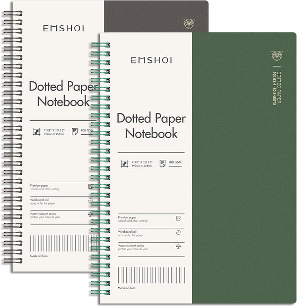 EMSHOI Dotted Journal Spiral Notebook, 7.48" x 10.15", 2 Pack, 320 Pages, 100gsm Thick Paper, B5 Dot Grid Journals