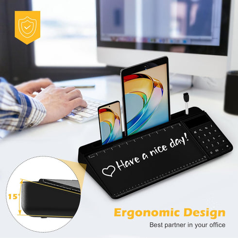 Desktop Glass Whiteboard with Ruler Marker, Calculator (12 Digit LCD Display), Tilted Keyboard Stand, Black