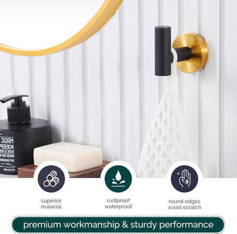 Angle Simple Black & Gold Towel Hook 2 PCS, Stainless Steel Bathroom Robe Holder, Wall Mounted Coat Hand Towel Hanger