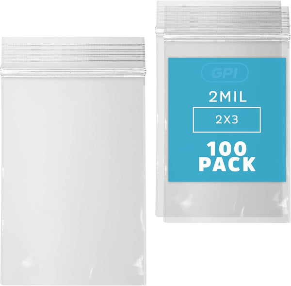 GPI Clear Plastic Reclosable ZIP Poly Bags, Case of 100, 2-mil Thick, 2 Inch x 3 Inch for Travel, Storage, Shipping