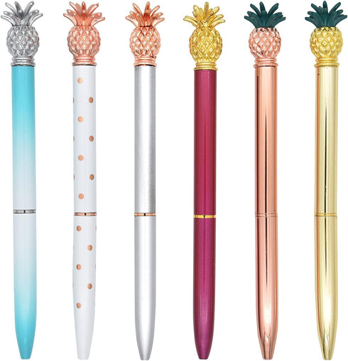 Gullor 6 Pieces Pineapple Pens, Bling Metal Ballpoint Pens for School Office Supplies 1.0 mm Black Ink, Multicolor C
