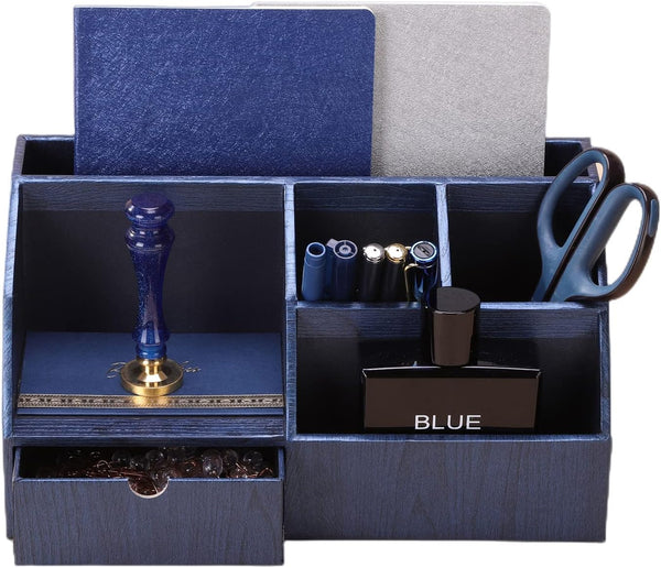 Wood-like Desktop Organizer for Pen, Pencil, Letters, and Small Office Supplies Storage, Royal Blue for School