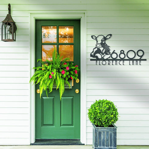 PurePalette Personalized Dairy Cow Farm House Number Sign, Custom Barn Metal Address Plaque with Street Name