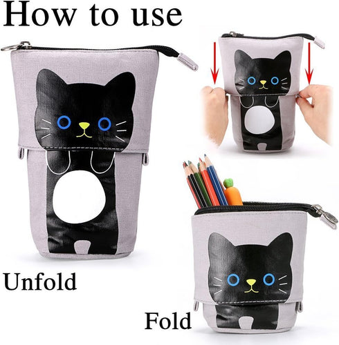 Telescopic Pencil Pouch, Cute Standing Pen Holder, Canvas+PU Storage Box with Zipper Closure (Gray)