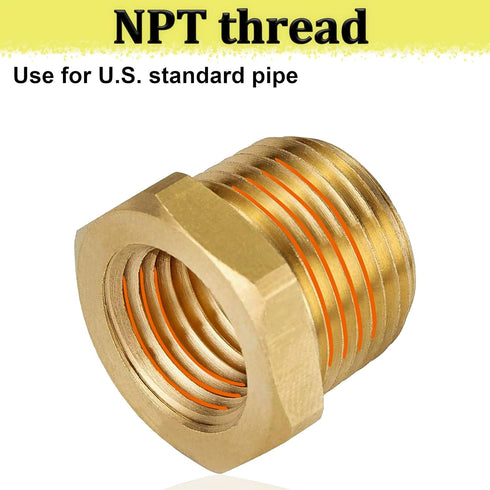 ZOUNI 2 Pcs Brass Reducer Hex Bushing, 1/2" NPT Male to 3/8" NPT Female Heavy Duty Pipe Fitting Adapter