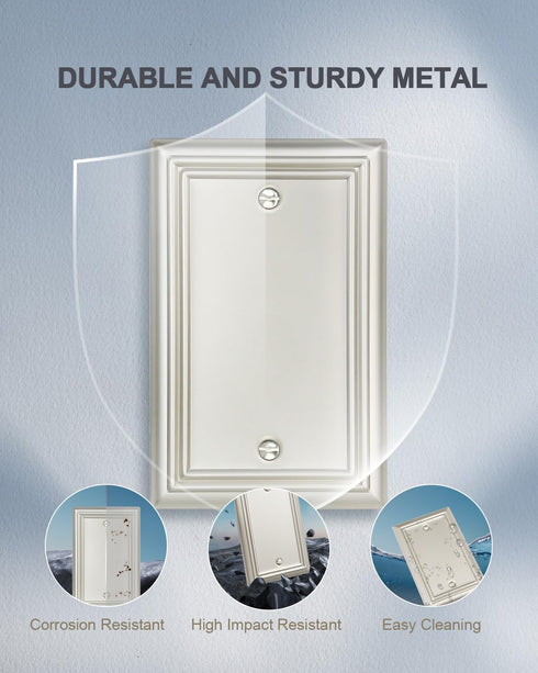 2-Pack Satin Nickel Blank Wall Plate, Durable Metal No Device Outlet Cover, Midsize 3.15''*4.88''