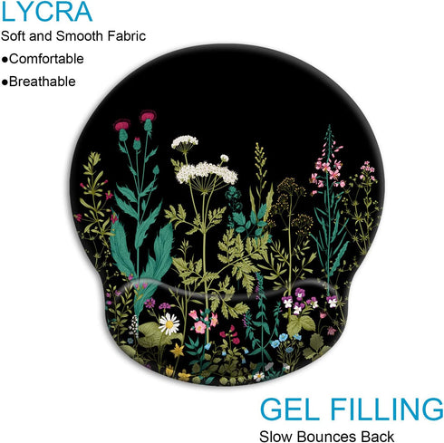Ergonomic Mouse Pad with Wrist Support Gel, Cute Soft Wrist Rest Pad, Non-Slip Rubber Base, Garden Flowers