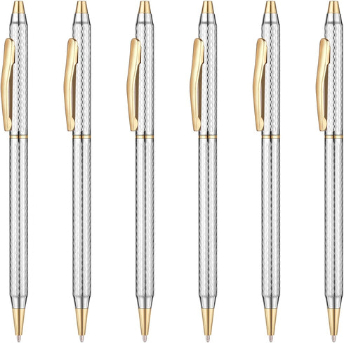 Unibene Slim Metallic Retractable Ballpoint Pens, Carved Chrome & Gold, 6 Pack Black Ink, Nice Gift for Office Students