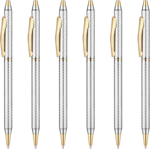 Unibene Slim Metallic Retractable Ballpoint Pens, Carved Chrome & Gold, 6 Pack Black Ink, Nice Gift for Office Students