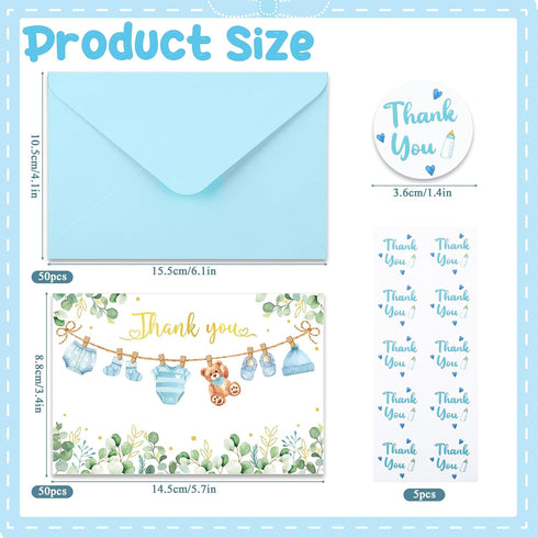 libfrnt 50 Pack 4 6 Inch Baby Shower Thank You Cards with Envelopes Stickers Boy Baby Shower Greeting Cards Blue Baby