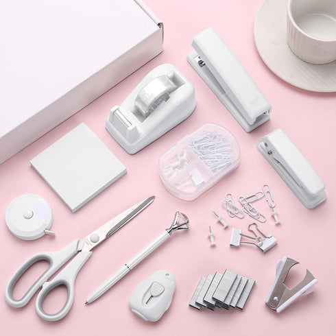 Cute White Desk Accessory Kit, Desktop Stapler Set with Staple Remover, Hole Punch, Tape Dispenser, Pen