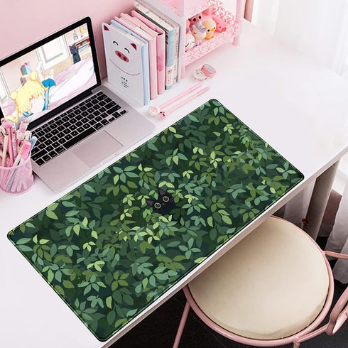 Cute Cat Mouse Desk Pad - Kawaii Green Desk Mat, Large Gaming Mouse Pad for Computer Office, Non-Slip Base, Stitched