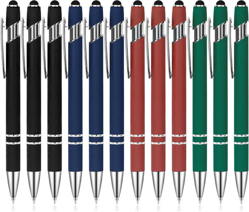 Ballpoint Pens with Stylus Tip, Soft Touch Click Stylus, 2 in 1 Retractable Metal Pens, Black Ink, 4 Colors (12 Count)