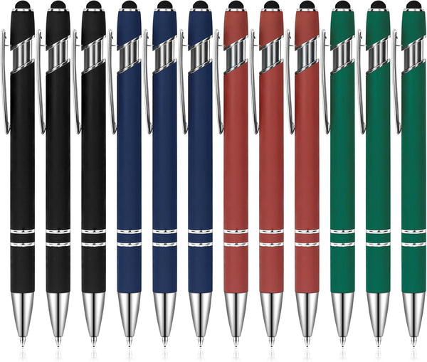 Ballpoint Pens with Stylus Tip, Soft Touch Click Stylus, 2 in 1 Retractable Metal Pens, Black Ink, 4 Colors (12 Count)