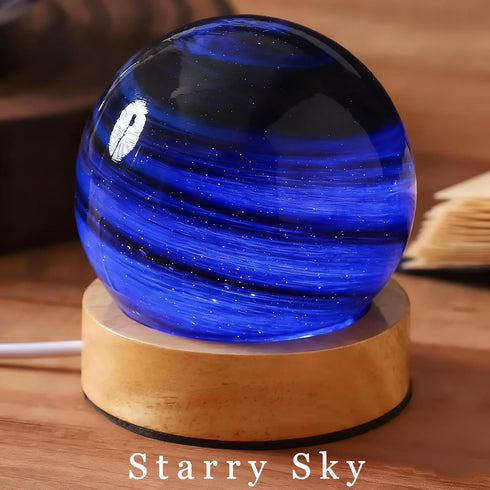 Pexylun 3 Dimmable White Planet Night Light Glass Bedside with Wooden Base Modes - Swirl Planet Table Lamp for Bedroom