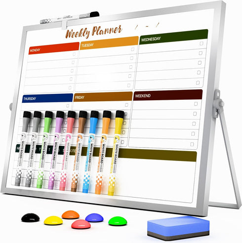 Double-Sided Dry Erase White Board with Stand, 12x16 inch Weekly Schedule Board for Planning with 10 Markers